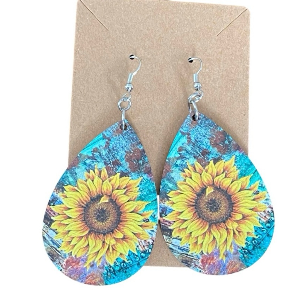 Hand Crafted Sunflower Wooden Teardrop Earrings